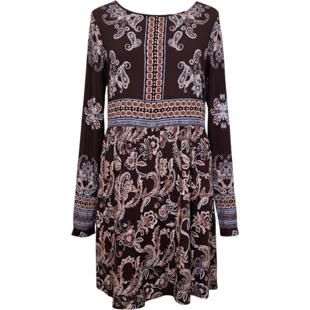 New‎ Knox Rose Womens Deep Purple Paisley Long Sleeve Boho Mini Dress Large Fall